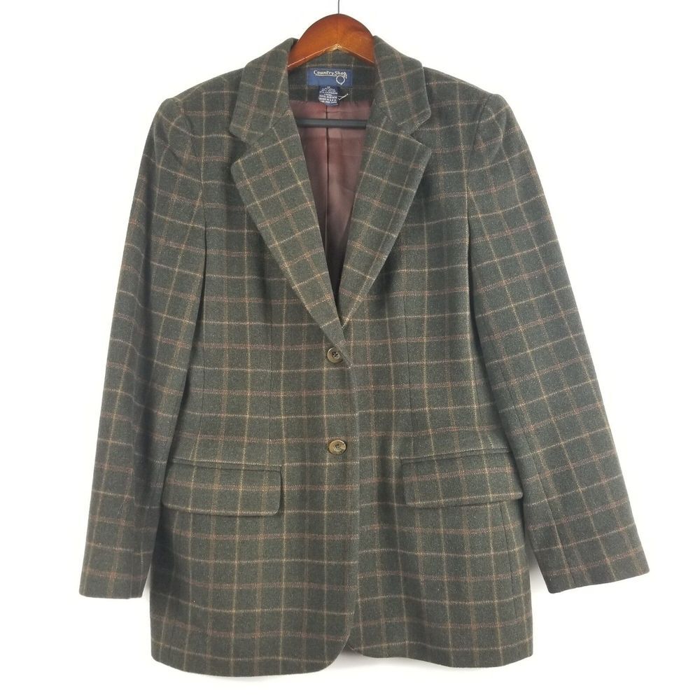 Country Shop Womens Blazer Size 10 Green Plaid Wool Cashmere Blend Lined Jacket